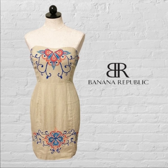 Banana Republic Linen Embroidered Strapless Dress  Size 2 - Picture 10 of 10